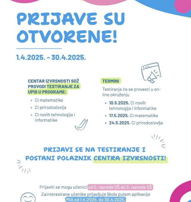 Javni poziv za prijavu učenika na testiranje i stjecanje statusa polaznika Centra izvrsnosti